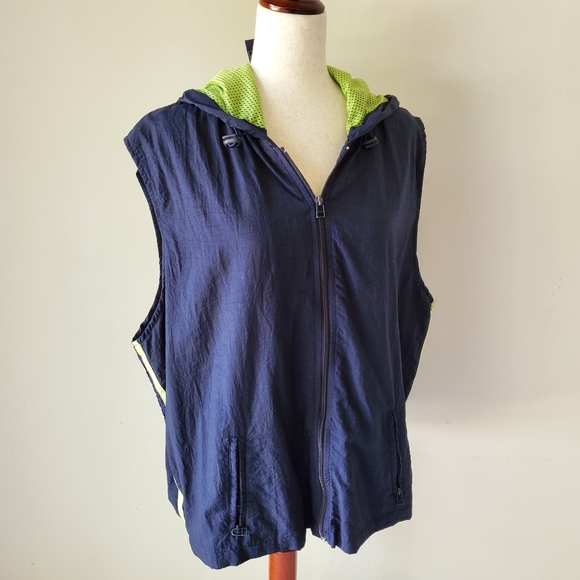 Vintage Windbreaker Workout Navy And Neon Green Active Vest Hood Plus Size 18/20 - Picture 1 of 10